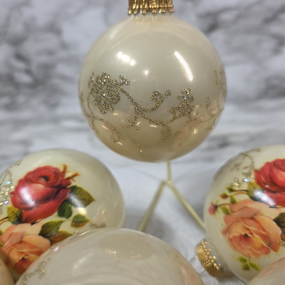 Vintage Christmas by Krebs Rose Floral Glass Ornaments Set of 8 NO BOX - Picture 4 of 5